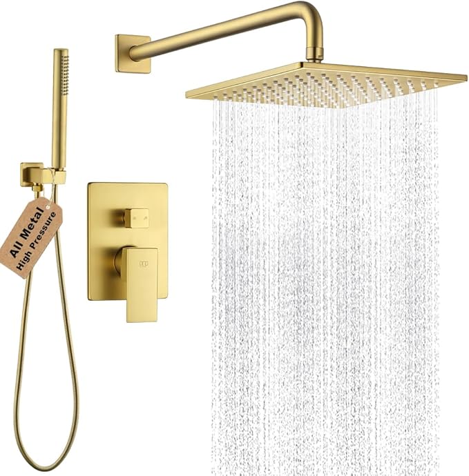 POP SANITARYWARE Shower Faucet Set Brushed Gold, 10 Inch Thickened Shower Head and Handle Set Bathroom Rain Shower System Wall Mounted Shower Fixture Include Shower Valve and Trim Kit