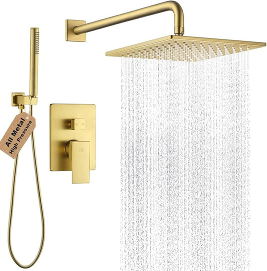 POP SANITARYWARE Shower Faucet Set Brushed Gold, 10 Inch Thickened Shower Head and Handle Set Bathroom Rain Shower System Wall Mounted Shower Fixture Include Shower Valve and Trim Kit