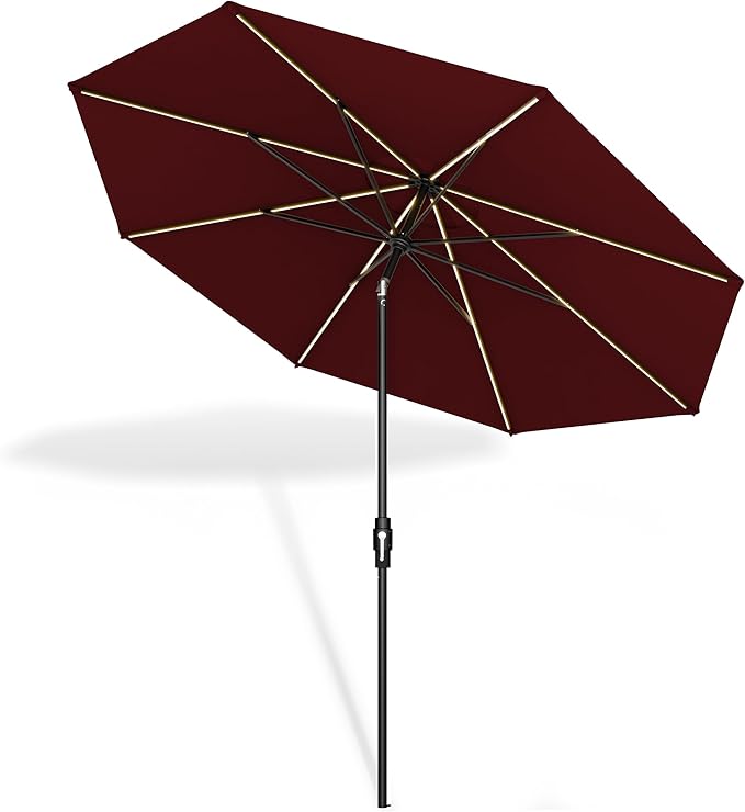 Midtown Umbrellas Led Swilt Sunbrella Umbrella, 8 Foot Patio Umbrella In Sunbrella Burgundy Acrylic Fabric - Deck Patio Umbrella, Backyard Umbrella, Garden Umbrella & Pool Umbrella - Black Pole