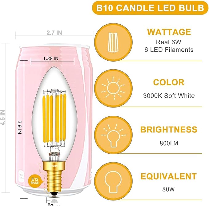 CRLight 6W 3000K Dimmable LED Candelabra Bulb Soft White, 80W Equivalent 800LM, E12 LED Light Bulbs, B11 Candle Clear Glass Decorative Chandelier Bulbs, Smooth Dimming Version, 8 Pack