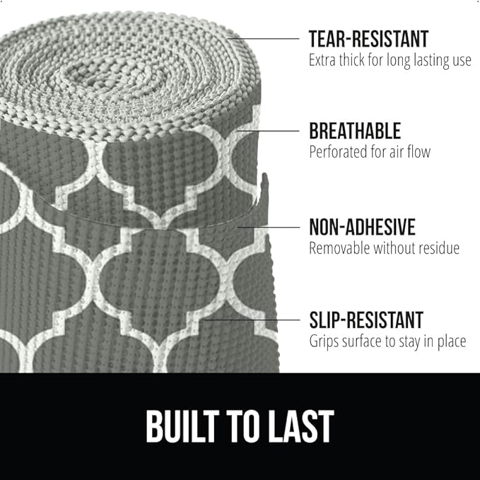 Gorilla Grip powerGRIP Drawer Shelf and Cabinet Liner, Thick Strong Hold, Non-Adhesive Liners Protect Kitchen Cabinets and Cupboard, Bathroom Drawers, Easy Install, Breathable Mat, 17.5" x10', Gray