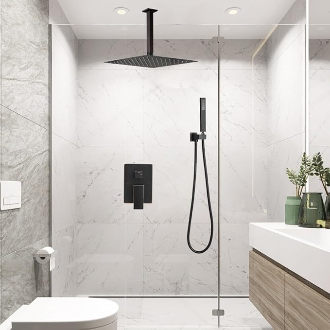 ‎Oil Rubbed Bronze Shower System Bathroom 12 Inch Rain Shower Head Ceiling Mount with Handheld Luxury High Pressure Shower Combo Set Shower Faucet Rough-in Valve Body and Trim Included
