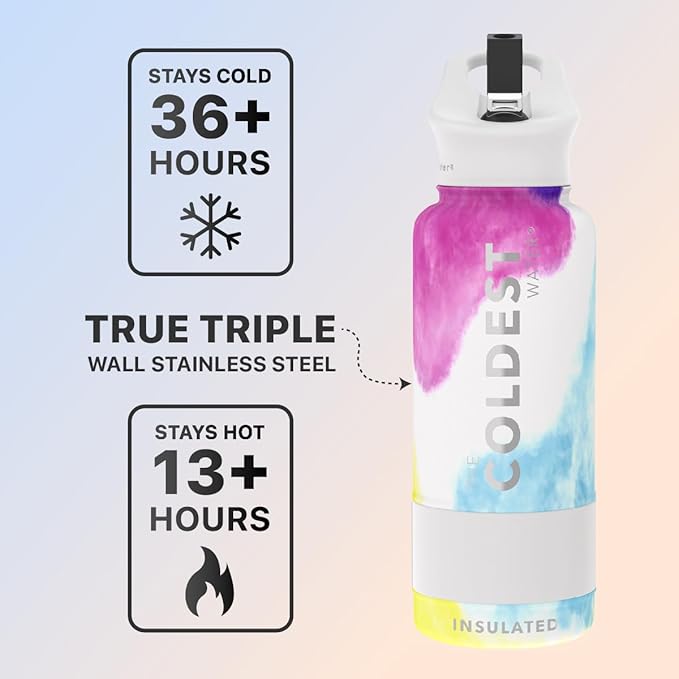 Coldest Sports Water Bottle with Straw Lid Vacuum Insulated Stainless Steel Metal Thermos Bottles Reusable Leak Proof Flask for Sports Gym (32 oz, Clouds of Tie Dye)