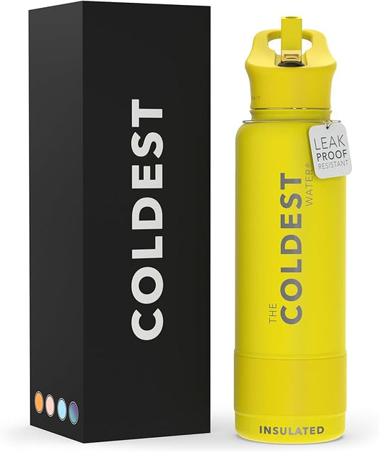 Coldest Sports Water Bottle with Straw Lid Vacuum Insulated Stainless Steel Metal Thermos Bottles Reusable Leak Proof Flask for Sports Gym (Rocket Yellow, 40 oz)