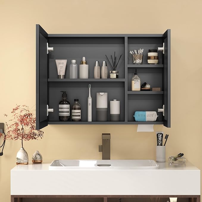 32x24 Inch Medicine Cabinet with LED Light Mirror, Brightneess Adjustable and Full-Assembled Bathroom Aluminum Cabinet with Storage, Surface or Recessed Tempered Cabinet, Farmhouse Black