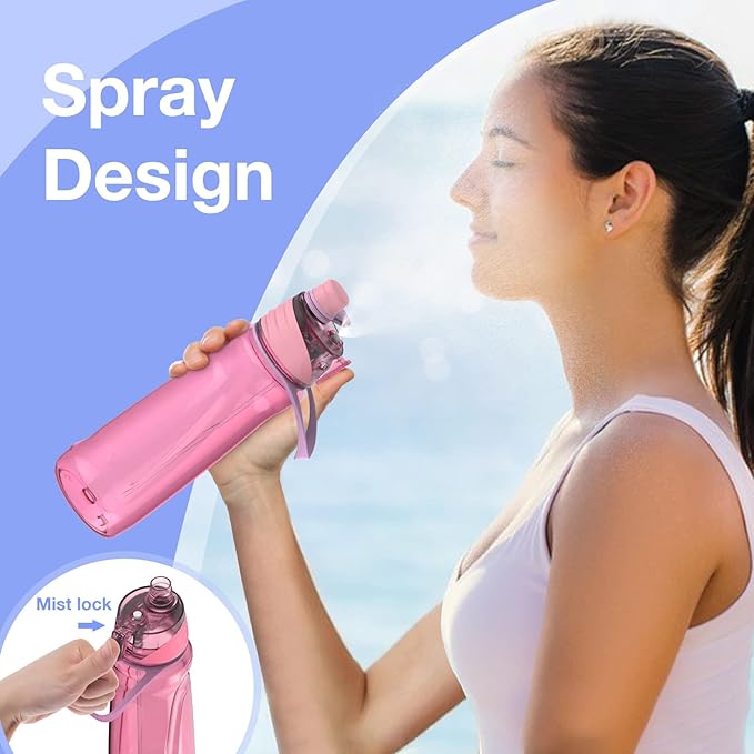 FEIJIAN Mist Water Bottle,32oz Sports Water Bottle with 2-IN-1 Mist & Sip Function, BPA-Free Plastic Water Bottles, Misting Water Bottle, Leakproof & Lightweight, Ideal for Fitness and Outdoor, Pink