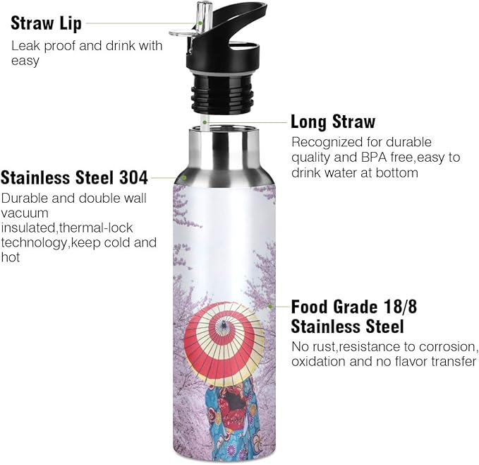 Blueangle Insulated Stainless Steel Water Bottle - Asian Kimono Cherry Blossom - 22 oz Water Bottles Keeps Hot and Cold - Sports Water Bottle Great for Hiking & Biking