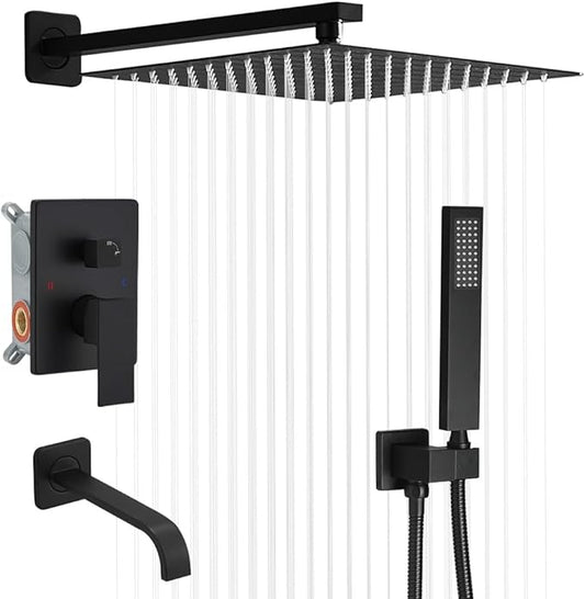 Matte Black Shower Faucet Set with Tub Spout Bathroom Rainfall 10 Inch Shower Head System with Handheld Single Handle Shower Trim Kit with Rough-in Valve
