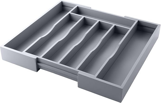 Expandable Bamboo Kitchen Drawer Organizer for Cutlery and Utensils, Adjustable Bamboo Wood Cutlery Tray in Drawer for Flatware and Silverware in Kitchen, (Grey)