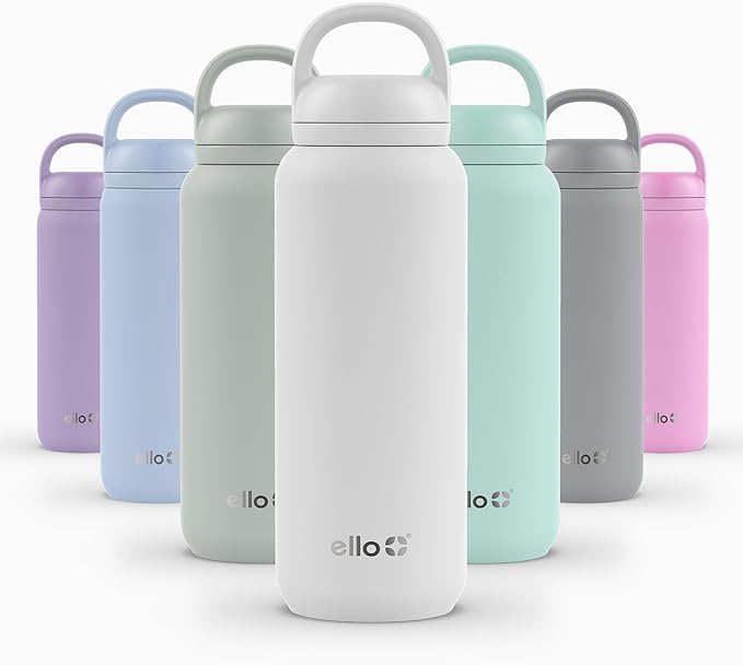 Ello Cooper Twist 32oz Stainless Steel Water Bottle with Chug Lid | Leak Proof | Double Walled and Vacuum Insulated | Built in Carry Loop | Dishwasher Safe | White