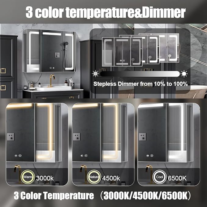 Stainless Steel LED Medicine Cabinet,Bathroom Mirror Cabinet with Light,3 Color,Dimmable,Equipped with Defogger,USB Shavor Socket,Internal Light,36×32 Inch