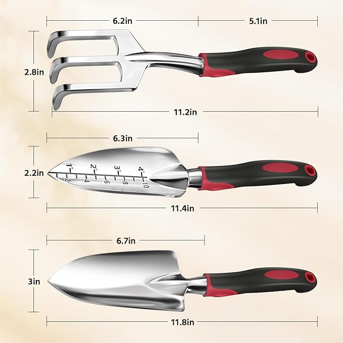 LASZOLA 3 Piece Garden Tool Set Include Hand Trowel Rake and Transplant Shovel for Women, Indoor Heavy Duty Small Spade Kit with Ergonomic Handle to Weed and Loosen, for Mom and Plant Beginner, Red
