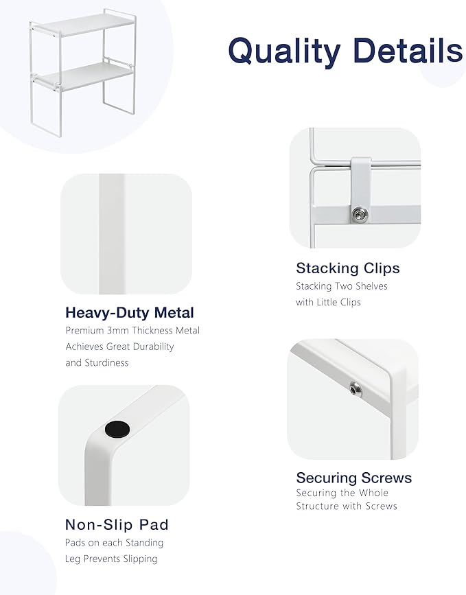 Nxconsu 2Pack Cabinet Shelves Stackable Organizer Rack Riser for Kitchen Cabinet Pantry Cupboard Counter Countertop Home Organization Storage Space Saver Heavy Duty Metal Nonslip White Tall