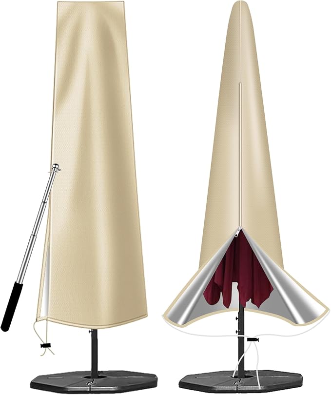 OKPOW Patio Umbrella Cover for 9ft to 12ft Outdoor Umbrellas - 420D Waterproof Garden Market Umbrella Cover Outside Parasol Covers with Zipper for Deck Pool Beach Umbrellas, Khaki