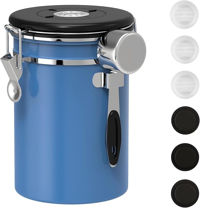 ShanSon Coffee Canister Airtight Coffee Container Stainless Steel Coffee Bean Storage Container with CO2 Release Valve and Scoop Coffee Canister for Beans,Grounds,Sugar,Flour,Tea,Cereal,22OZ,Blue