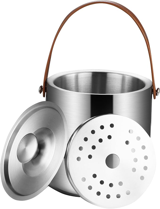 Double-Wall Vacuum Insulated Ice Bucket with Lid, Scoop, Ice Tong, Strainer & Leather Handle Keep Ice Frozen Longer Large Wine Ice Buckets for Cocktail Bar,Parties Chilling Beer Champagne 3L