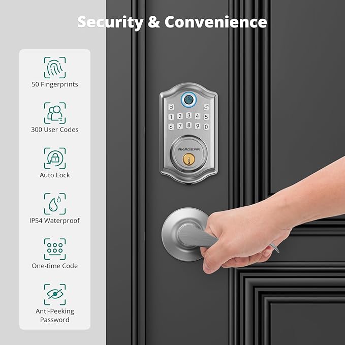 DS10 Keyless Entry Door Lock with Handle - 2 Lever Handles, Fingerprint Door Lock, Keypad Deadbolt, 2 Keys, Code, Smart Locks for Front Door, Auto-Lock, Easy Installation - Satin Nickel
