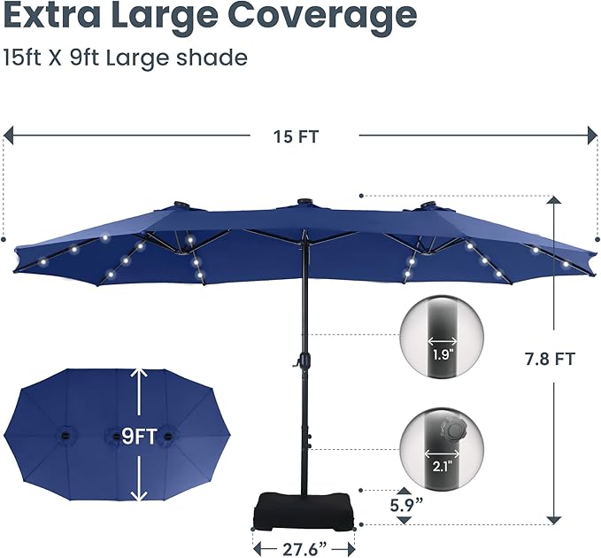 PHI VILLA 15ft Large Patio Umbrella with Solar Lights, Double-Sided Outdoor Market Rectangle Umbrellas with 36 LED Lights, Umbrella Base (Stand) Included, Haze Blue