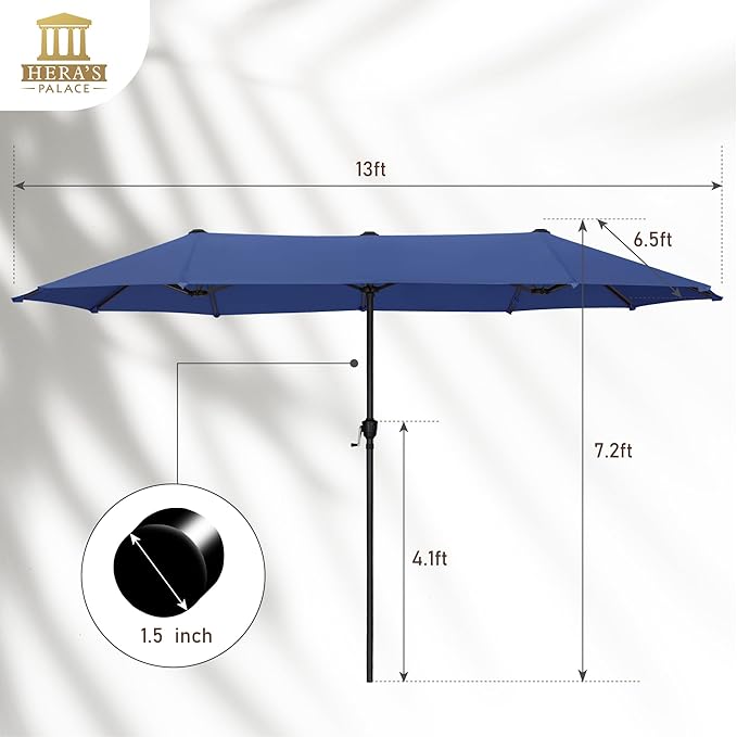 HERA'S PALACE 13 ft Large Patio Umbrella Double-Sided Twin Outdoor Market Umbrella with Crank, Powerful UV Protective, Haze Blue