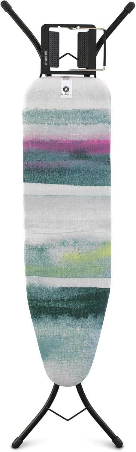 Brabantia Size A Compact Small Ironing Board (43x12 in) 7 Height Options, Adjustable Steam Iron Rest Holder (Morning Breeze) Non-Slip Feet, Anti-Collapse Child Locks