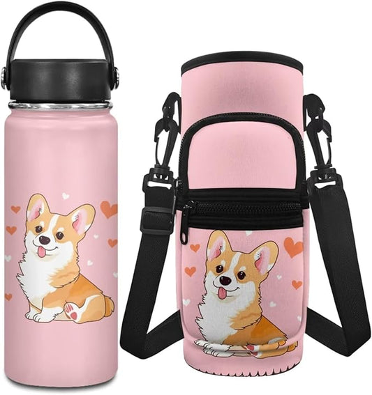 Corgi Water Bottle Girls 4-6/6-8 Insulated Water Bottle for Kids 18 OZ Stainless Steel Water Bottle and Water Bottle Carrier Bag Set
