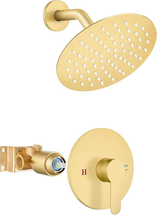 Airuida Shower Faucet Set,8 Inch Round Rainfall Shower Head,SUS304 Stainless Steel Single Handle Shower Trim Kit,Wall Mount Bathroom System with Female Threads Valve Brushed Gold