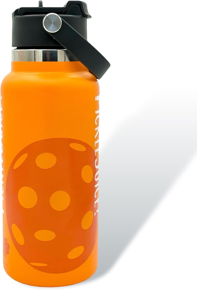 Maui Pickleball Co.™ Pickleball Water Bottle 32oz Pickleball Gifts Insulated Stainless Steel Water Bottle Funny Water Bottle PickleBall Accessories Sip/Straw Lid Pickleball Bottle (Sunset Orange)