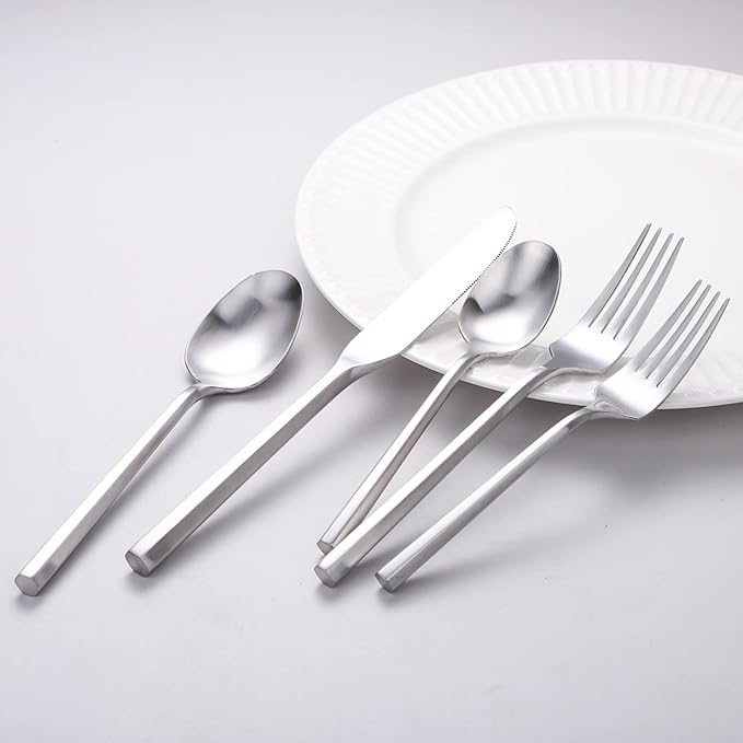 Matte Silverware Set Silver Flatware Set with Hexagon Handle 20 Pieces 18/0 Stainless Steel Cutlery Set Wedding Housewarming Gift Service for 4 (Matt silver)