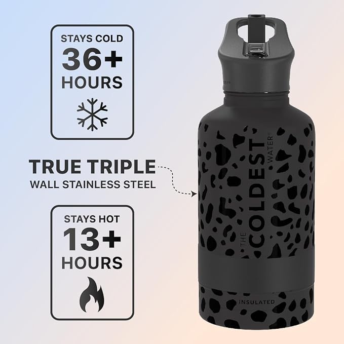 Coldest Sports Water Bottle - 64 oz(Straw Lid), Leak Proof, Vacuum Insulated Stainless Steel, Hot Cold, Double Walled, Thermo Mug, Metal Canteen (64 oz, Black Leopard)