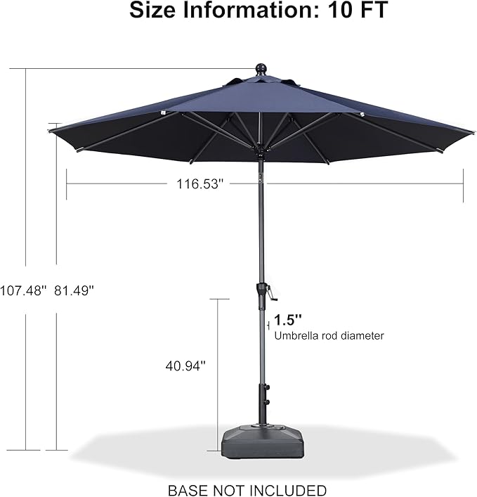 PURPLE LEAF 10' Round Patio Umbrella Outdoor Table Umbrella Aluminum Frame Market Umbrella Sun Umbrella with 8 Sturdy Ribs Tilt for Garden Deck Lawn Pool Navy Blue