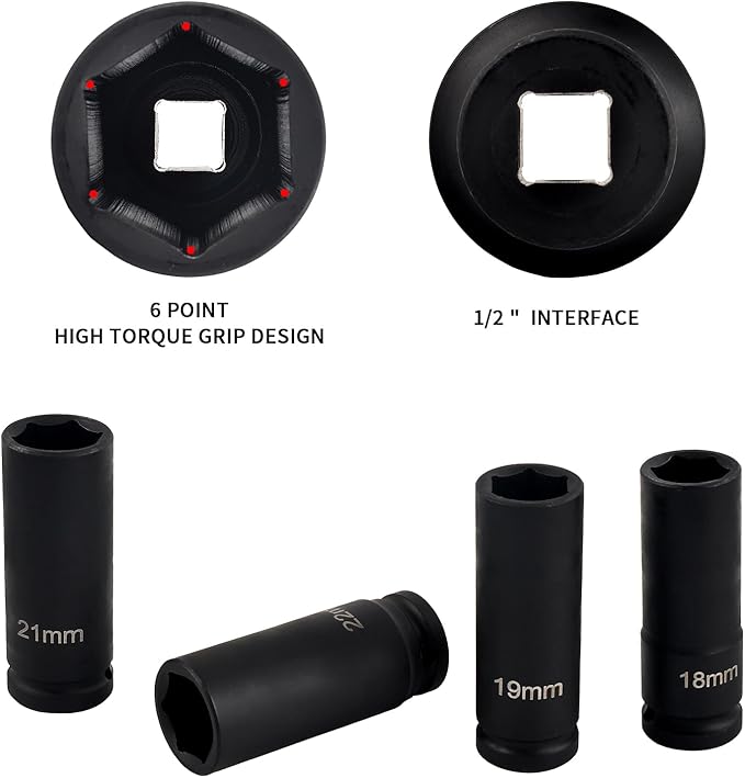 1/2" Drive Deep Impact Socket Set, 14 Piece 6 Point Metric Sizes 11-32mm(11 12 13 14 15 17 18 19 21 22 24 27 30 32mm),Cr-V Steel,Deep Socket Set 1/2 Drive