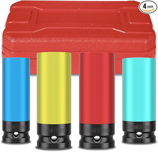 4 PCS 1/2 inch Drive Impact Lug Nut Socket, Metric 17 19 21 22 MM Thin Wall Deep Socket Set,Non-Marring Wheel Protectors Impact Socket,6 Point Axle Nut Socket Set
