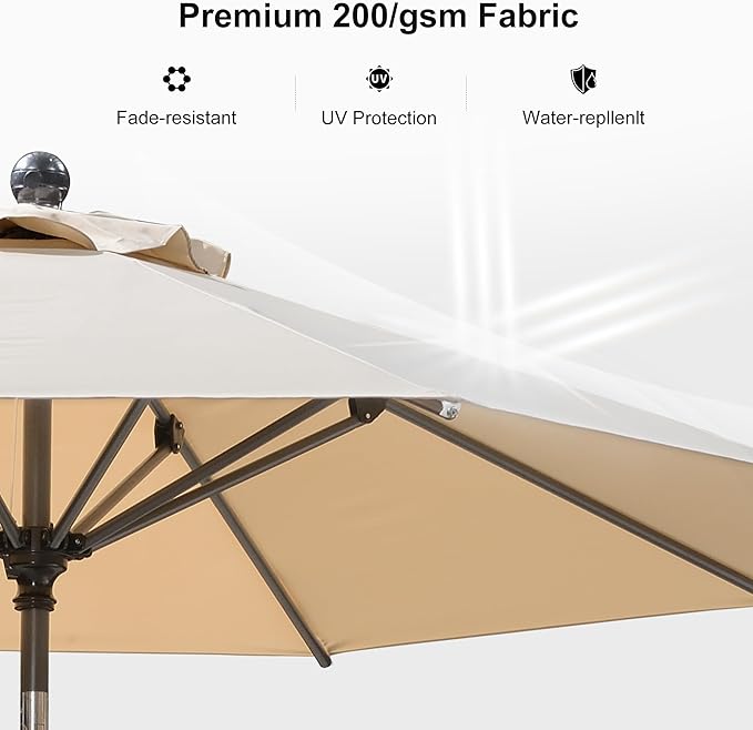 PURPLE LEAF 10' Round Patio Umbrella Outdoor Table Umbrella Aluminum Frame Market Umbrella Sun Umbrella with 8 Sturdy Ribs & Tilt for Garden Deck Lawn & Pool Beige