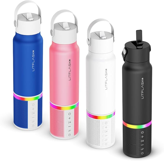 Smart Water Bottle with Premium Bluetooth Speaker, Portable Charger, LED Light, Hands-Free Mic, Insulated Stainless Steel, Straw Lid, BPA-Free, 20oz - Mix & Match Colorways