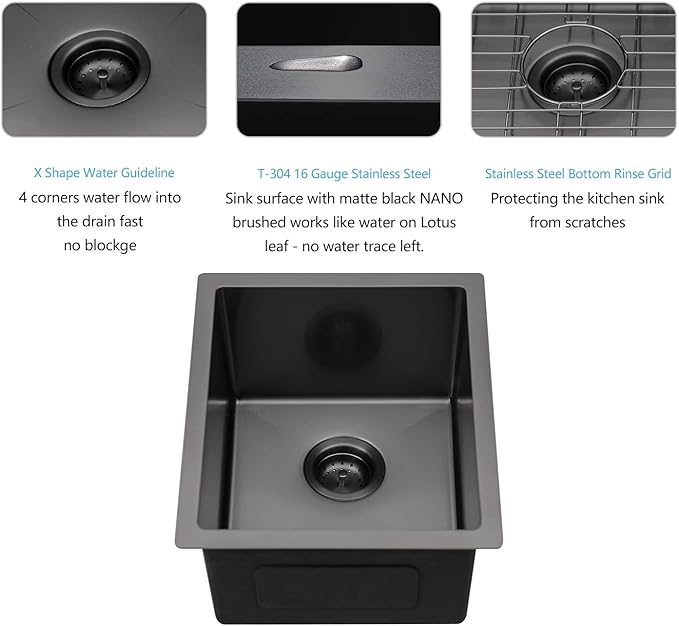 Lordear Black Undermount Bar Sink 13 x15 x 9 Inch Bar Prep Sinks Gunmetal Black Stainless Steel Handmade Kitchen Sink Basin