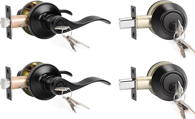 KNOBWELL 2 Pack Front Door Entry Lever Lockset with Single Cylinder Deadbolt, Keyed Alike Exterior Leverset and Dead Bolt Lock Set, Black Door Handle Lever Lock with Deadbolt