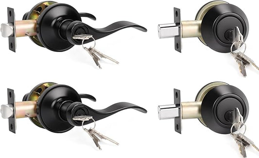 KNOBWELL 2 Pack Front Door Entry Lever Lockset with Single Cylinder Deadbolt, Keyed Alike Exterior Leverset and Dead Bolt Lock Set, Black Door Handle Lever Lock with Deadbolt