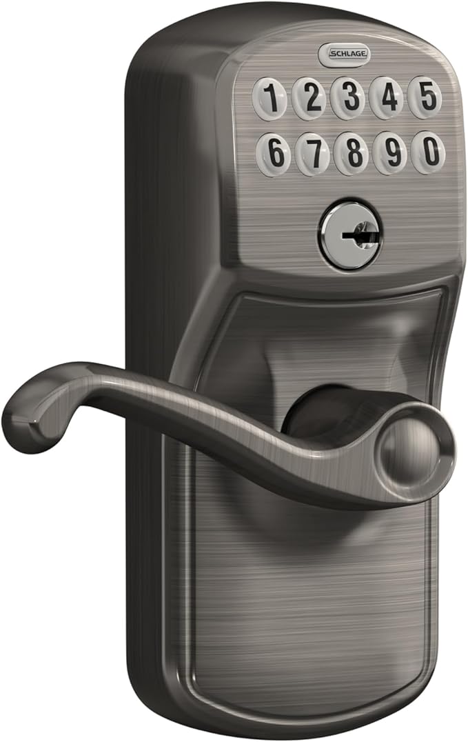SCHLAGE FE595 PLY 620 FLA Plymouth Keypad Entry with Flex-Lock and Flair Style Levers, Antique Pewter