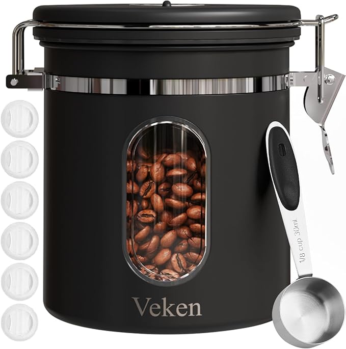 Veken Coffee Canister with Window, Airtight Stainless Steel Kitchen Food Storage Container with Date Tracker and Scoop for Grounds Coffee, Beans, Tea, Flour, Cereal, Sugar, 22&16OZ,Black