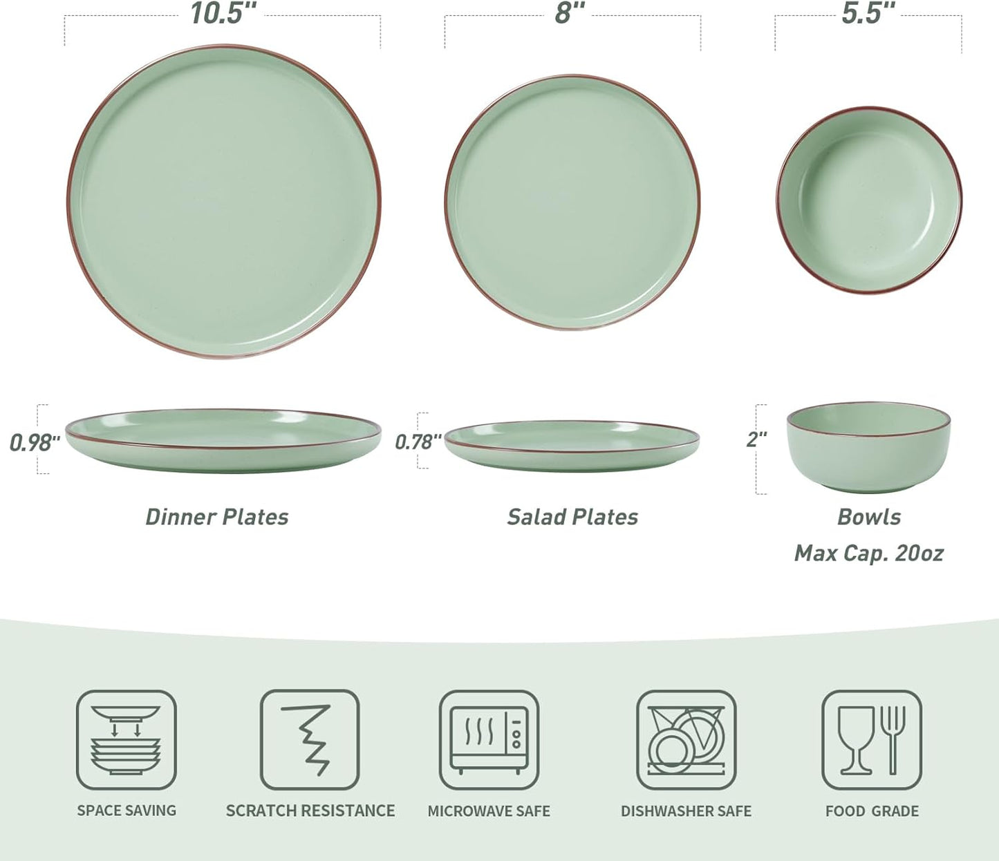 Famiware Mercury 24 Pieces Dinnerware Sets, Plates and Bowls Sets for 8, Microwave and Dishwasher Safe Dish Set, Light Green