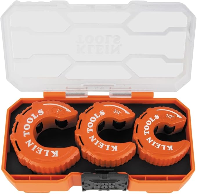 Klein Tools 50048 C-Style Copper Tubing Cutter Set with 1/2, 3/4, and 1-Inch Cutters, MODbox Case, Ultra-Compact for Tight Spaces, 3-Piece
