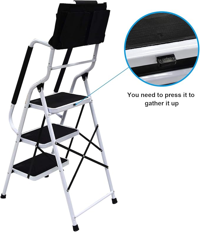 WiberWi 3 Step Ladder with Handrails 500 lb Capacity Step Stool Folding Ladders for Home Kitchen Steel Frame with Safety Side Handrails Non-Slip Wide Pedal Stepladder with Attachable Tool Bag
