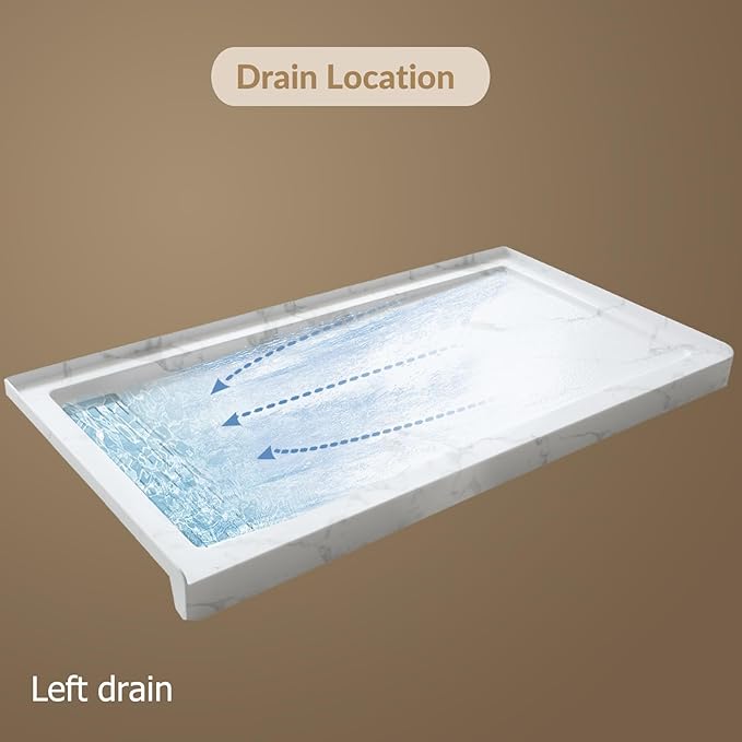 MORVANO 60 x 32 Shower Base with Single Threshold Rectangular Left Drain Location Shower Base,Shower Pan With Stainess Steel Cover,Marble White Acrylic Shower Base