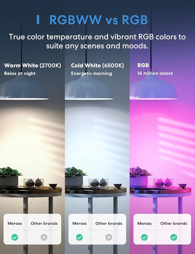 meross Smart Light Bulb, Smart WiFi LED Bulbs Compatible with Apple HomeKit, Siri, Alexa, Google Assistant and SmartThings, Dimmable E26 Multicolor 2700K-6500K RGB, 810 Lumens 60W Equivalent, 2 Pack