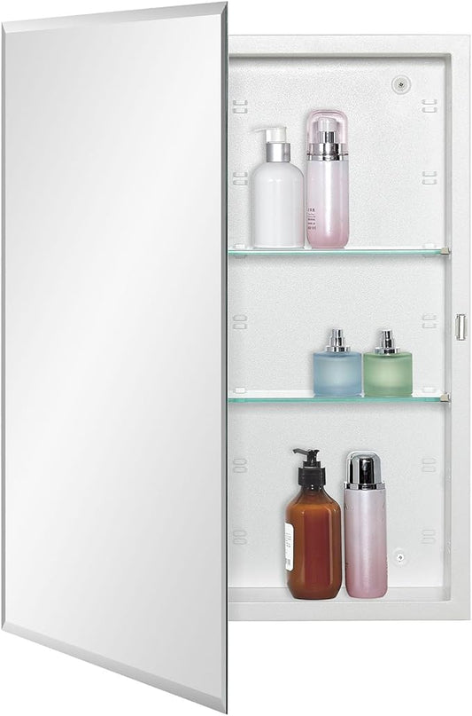 Bathroom Medicine Cabinet with Beveled Edge Mirrored Door 20 x 26 inch, Recessed or Surface Mount, with Adjustable Glass Shelves