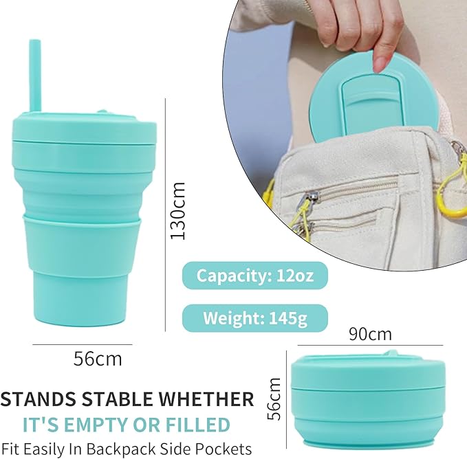 collapsible cup with Straw, Kids Insulated collapsible cups for traveling Leakproof Cup, Portable 350ml Foldable Travel Straw camping cup for Picnic,Hiking,Sports,Camping(green)