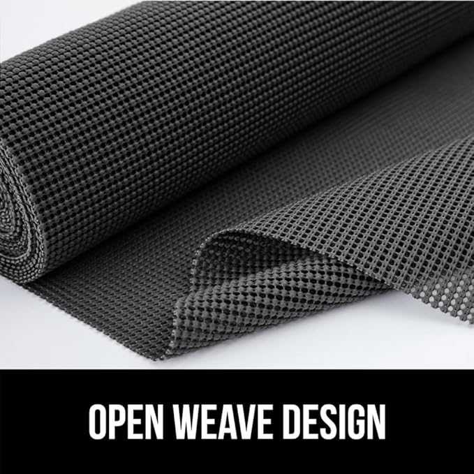 Gorilla Grip powerGRIP Drawer Shelf and Cabinet Liner, Thick Strong Hold, Non-Adhesive Liners Protect Kitchen Cabinets and Cupboard, Bathroom Drawers, Easy Install, Breathable Mat, 12" x20', Charcoal