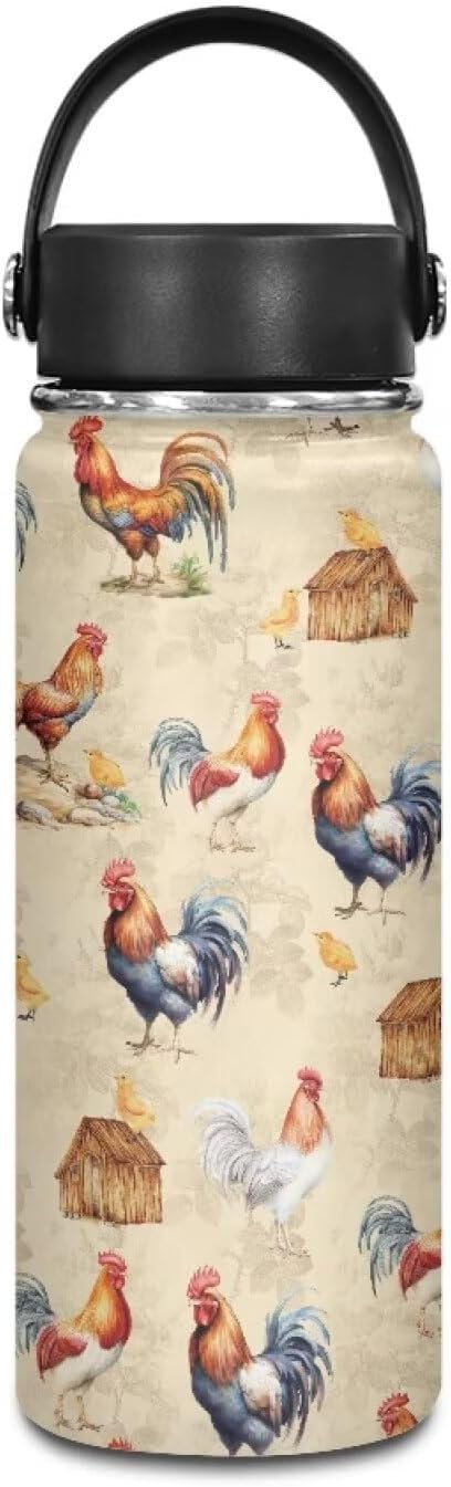 Chicken Insulated Water Bottles with Handle Stainless Steel Metal Water Bottle, Cold & Hot Water Bottle 18 Oz, Leak Proof Travel Cup