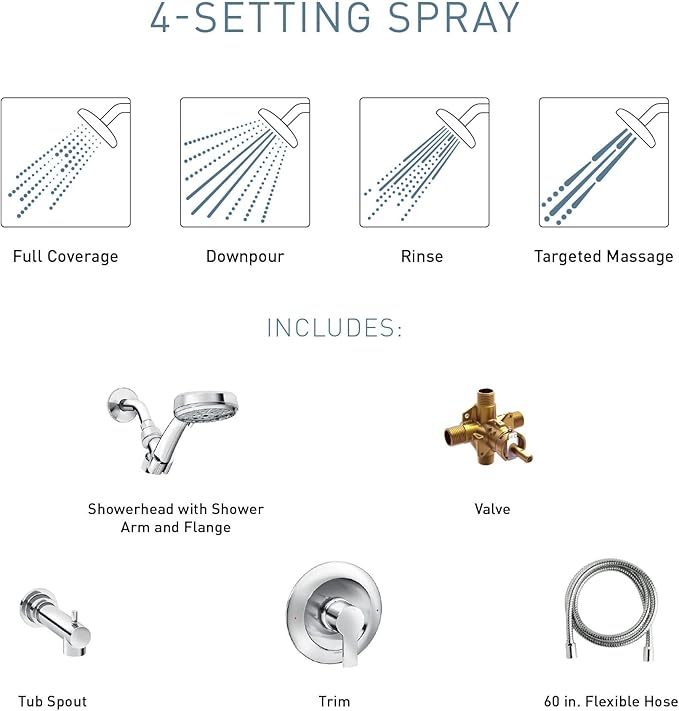 Moen Meena Chrome Single Handle Modern Tub and Shower Faucet with Handshower, Valve Included, 82618
