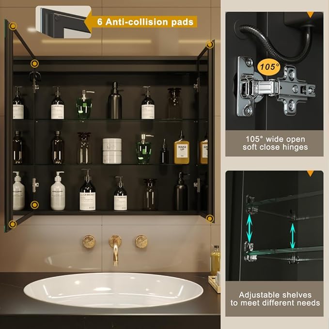 KWW LED Lighted Bathroom Medicine Cabinet with Sockets & USBs, Defogger, Dimmable, 3 Color Light Makeup Mirror, Easy to Install, Wall Mounted Cabinet (31.5 * 28)